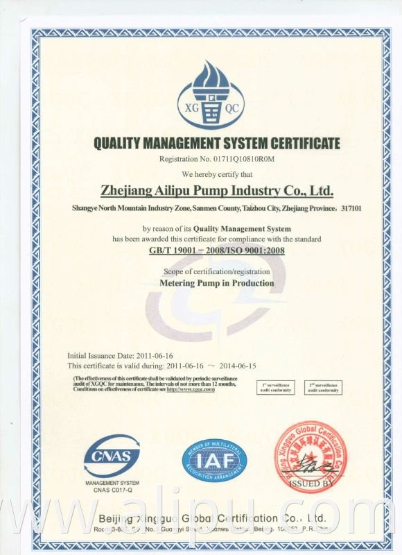 Metering pump certificates